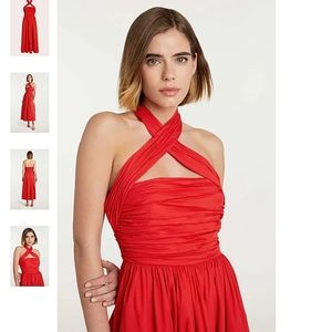 NWT$425 Cinq a Sept Taylen Halter Neck Top Bright Crimson Midi Pleated Dress 10